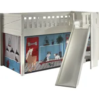 Hochbett VIPACK "Scott, Spielbett, Kiefer massiv weiß lackiert, mit Rolllattenrost", weiß (weiß, grün tiere, weiß, weiß), B:203,7cm H:114cm L:207,6cm, 100% Polyester, Hochbetten, mit Rutsch-/Leiterturm, LF 90x200 cm, inkl. Vorhang, 7 Designs