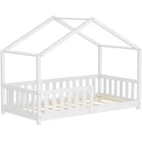 ML-Design Hausbett Weiß, Holzbett mit Rausfallschutz Lattenrost und Dach,