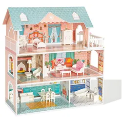 WISHDOR Puppenhaus Puppenhaus Spielset Hölzernes mit Möbeln und Zubehör Puppenhausmöbel, (mit Puppenmöbel echtes Traumspielzeughaus), aus Holz tolles Geschenk für Mädchen