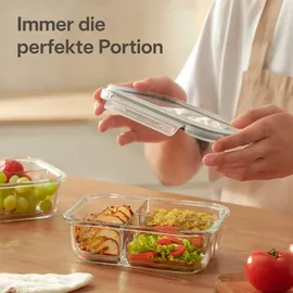 Praknu Meal Prep Boxen Glas 3 Fächer - Glasdosen 2er Set mit Deckel 1000ml - - BPA-Frei - Gefrierschrank & Mikrowellengeeignet