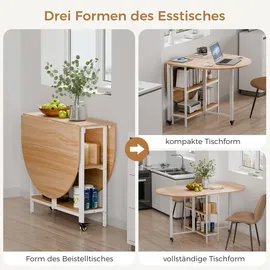 Mondeer Klappbarer Esstisch, Küchentisch mit 2 Ablagen, und Rollen 140 x 80 x 75 cm, Eiche+Weiß - Weiß