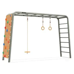 BERG PlayBase L Klettergerüst Schaukelgestell mit Reckstange und Leiter Grün inkl. Untertassenschaukel, Turnringe und Kletterwand
