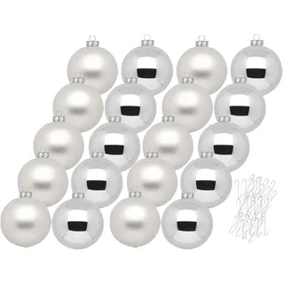 Inge Glas Weihnachtskugeln mit Haken | Schöne Christbaumkugeln aus Glas | Set 20 Kugeln und 40 Aufhänger | Christbaumschmuck Weihnachtsbaumkugeln (Frosty Silver | Silber weiß)