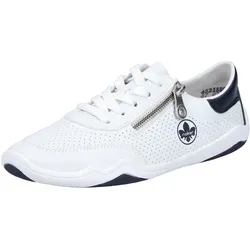 Sneaker RIEKER, Damen, Gr. 37, bunt (weiß, dunkelblau), Lederimitat, kontrastfarbene Details, sportlich, Schuhe, Schnürschuh, Halbschuh, Freizeitsneaker in veganer Verarbeitung