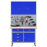 KÜPPER Werkstatt-Set 70424-7, 120 cm breit, Werkbank, Hängeschrank, Lochwand, (Spar-Set), 30 mm massive Buchenarbeitsplatte blau