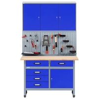 KÜPPER Werkstatt-Set 70424-7, 120 cm breit, Werkbank, Hängeschrank, Lochwand, (Spar-Set), 30 mm massive Buchenarbeitsplatte blau