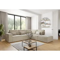 s-style möbel - Margarete - Modulare Ecksofa in Beige Samt-Stoff mit Rücken und Lendenkissen, B/T/H: 305 cm / 281 cm / 90 cm, Ottomane rechts - Beige