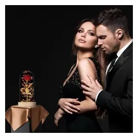 Relaxdays Ewige Rose im Glas, mit LED-Beleuchtung, Kunstrose als Mutter-, Jahres- oder Valentinstaggeschenk, rot/gold