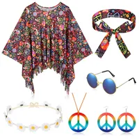 HICARER 6 Stück 70er Jahre Outfit Damen Hippie Kostüm Set inklusive Hippie Poncho Peace Halskette und Ohrringe Stirnband Sonnenbrillen 60er 70er Jahre Flower Power Karneval Kostüm