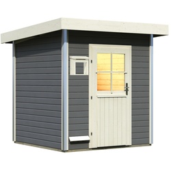 Karibu Gartensauna Pultdach Saunahaus Torge terragrau-Ohne Ofen-Klassische Saunatür (Klarglas) inkl. 8-teiligem gratis Zubehörpaket (Gesamtwert 191,92€)