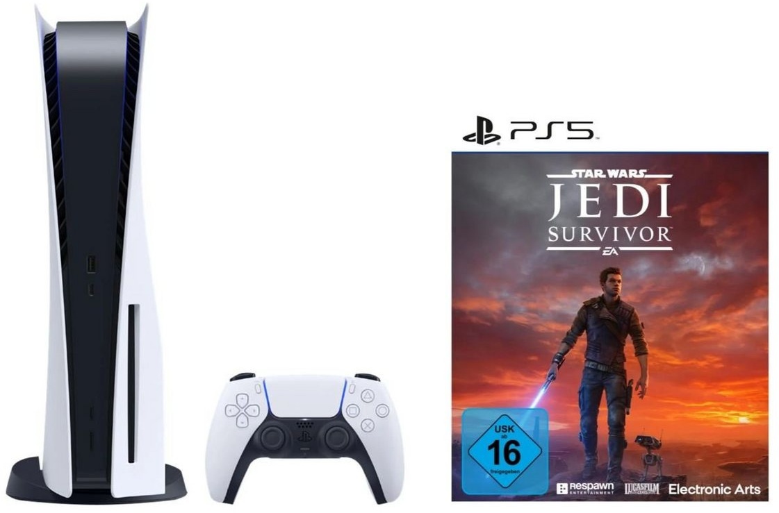 Playstation Sony PS5 Konsole Disk Laufwerk + Star Wars Jedi: Survivor, Blu-ray Disc Version - Playstation Bundle Set weiß