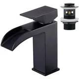 Faustina Waschtischarmatur Bad für Waschbecken Wasserfall eckig mit Pop-Up Ablaufgarnitur, Einhebelmischer Armatur Wasserhahn für Badezimmer, Waschbeckenarmatur Badarmatur, Edstahl Schwarz matt