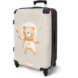 NoBoringSuitcases.com® Koffer Kinder Groß 67x43x25 cm Reisekoffer Kinderkoffer mit 4 Rollen Leicht Trolley Große M Hartschalenkoffer Flugzeug Bär - Weltraum - Sterne - Beige