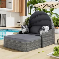 Sonneninsel, Gartenlounge Set, PE-Rattan mit verstellbarem Baldachin, Allwetter-Terrassen-Sonnenliege aus Korbgeflecht, Doppel-Lounge mit 4 Kissen und abnehmbarem Kissenbezug für Garten, Pool, Grau