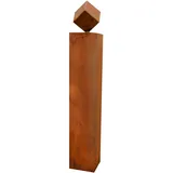Gartendekoshop24 – Gartendeko Rost, Rostsäule mit Würfel, 100 cm. Handgemachte Rostsäule ohne Muster, mit Rostwürfel für den Garten. Dekorative Rost Skulptur mit Würfel on top, wetterfest.