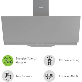 Wiggo WE-A942G Dunstabzugshaube 90cm kopffrei I Abluft Umluft Dunstabzug 626m3/h - Touch-Display 4 Stufen I Energieeffizienzklasse A Schräghaube ...
