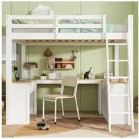 KLAM HOME Hochbett Kinder Hochbett mit U-förmigem Schreibtisch und Stauraum (140x200cm Bett mit Schubladen Regal und Leiter) Multifunktionales Kinderbett in Weiß Natur für Schlafzimmer weiß