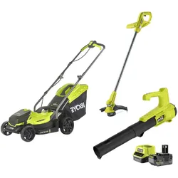 Ryobi Set Akku Rasenmäher Rasentrimmer Laubbläser mit Akku & Ladegerät