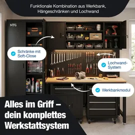 ntg nutzfahrzeug technik gmbh (32457 porta westfalica) XL Werkstattwand Komplett-Set 210 cm – Modulares Werkstattsystem mit 25 mm Holzarbeitsplatte, Werkzeugschränken, Lochwand 200 kg