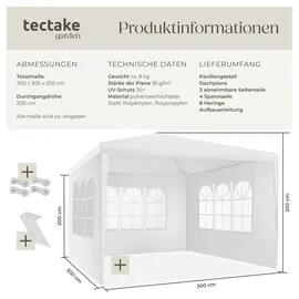 Tectake Pavillon Barinas 3 x 3 m inkl. 3 Seitenteile Weiß