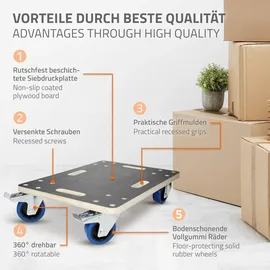 ECD Germany 2er Set Transportroller mit Feststellbremse, 35x50 cm, 800kg Siebdruckplatte, PP-Räder, Transporthilfe Umzug,
