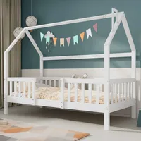 SOFTWEARY Kinderbett mit Rollrost, 90x200 cm, Hausbett aus Kieferholz, Einzelbett inkl. Rausfallschutz, mit Zaun - Weiß
