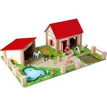 Eichhorn Bauernhof 100004309 - Bauernhof bestehend aus 2 Gebäuden, Spielplatte, Figuren, Tiere, Zäune, 20 teilig, Größe 36x51cm, Buchenholz, für Kinder ab 3 Jahren