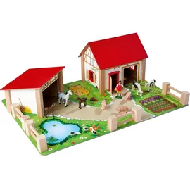Eichhorn Bauernhof 100004309 - Bauernhof bestehend aus 2 Gebäuden, Spielplatte, Figuren, Tiere, Zäune, 20 teilig, Größe 36x51cm, Buchenholz, für Kinder ab 3 Jahren
