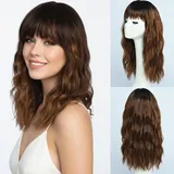 SIMKAYLEE Lange Gewellte Braune Perücke Damen mit Pony Halblang mit Blonden Strähnen und Dunklem Ansatz Locken Perrücke braun Mittellang Blond Mix für Frauen Alltag Party und Karneval (40 cm)