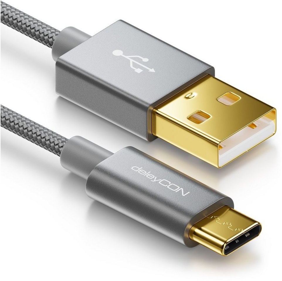 deleyCON deleyCON USB C Kabel 1m Nylon + Metallstecker auf USB 2.0 (Typ-A) - Smartphone-Kabel