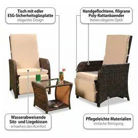 MuCoLa - Gartenset 2 Sessel und Tisch Polyrattan Lounge Garnitur Gartenmöbel Stuhl Sitzgruppe Essgruppe Braun