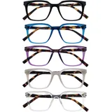 OPULIZE KOI Lesebrille 5er Pack - Rechteckige Fassung - Schwarz-Blau-Violett-Grau-Durchsichtig - Damen Herren Unisex - Federscharniere - RRRRR50-1357C - +1.00
