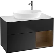 Villeroy & Boch Finion Waschtischunterschrank G901GNPD 100cm, Abdeckplatte white matt, Emotion, Regale Walnut Veneer, Black matt lacquer