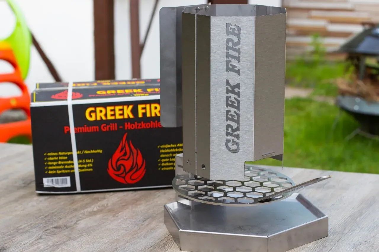 Greek Fire - Greeker Starter Set  Anzündkamin/Oberhitzegrill + 10kg Greek Fire K...