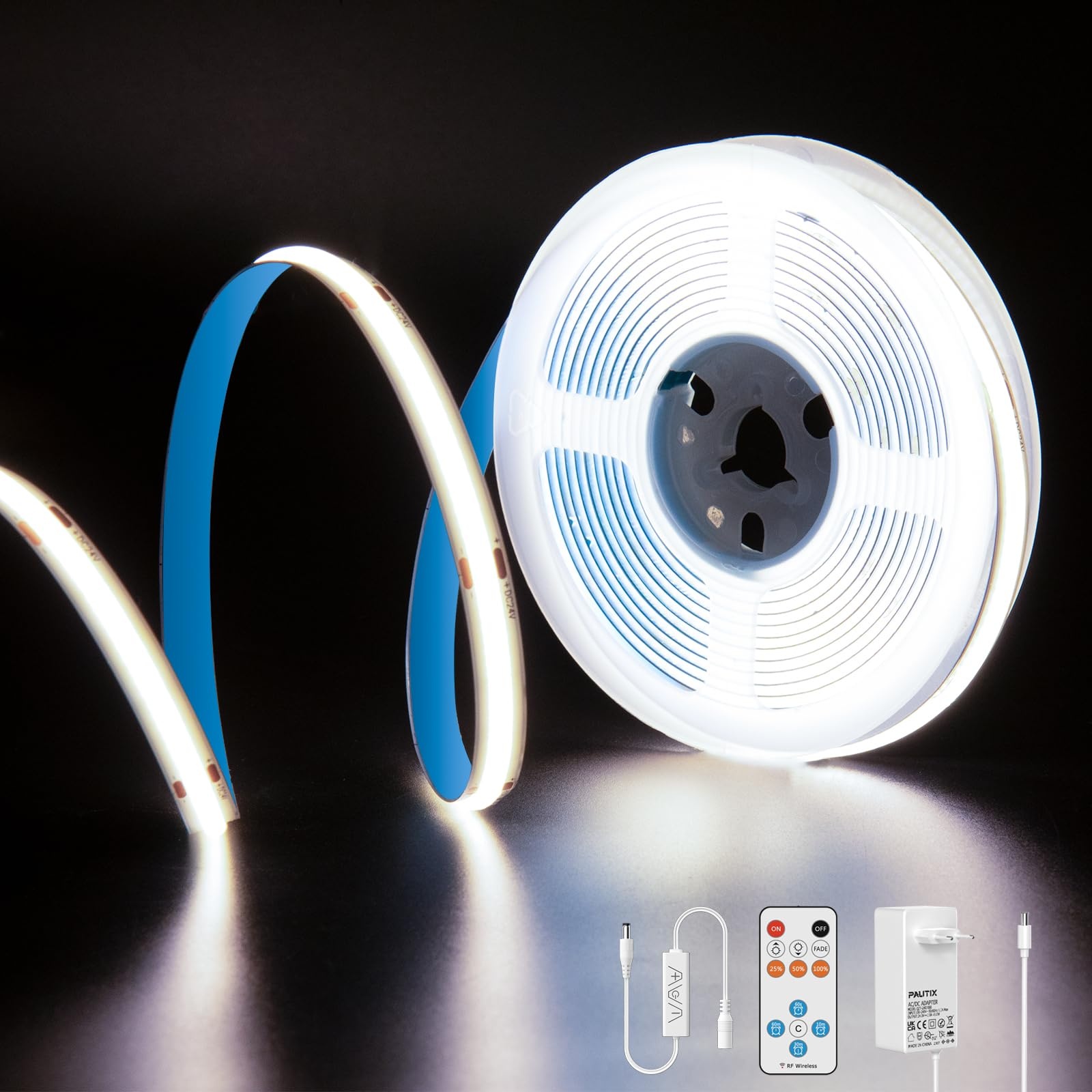 PAUTIX COB LED Streifen kaltesWeiß 6000K,5m 480LEDs/M Dimmbar 24V Flexibel LED Strip lights Set mit RF Fernbedienung und GS Netzteil,CRI93+ Hell Unterbauleuchte für Home DIY Dekoration,Timerfunktion