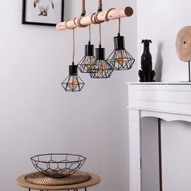 GLOBO LED Hängeleuchte Esszimmerlampe Deckenleuchte Pendellampe, Holz Balken, Hanfseil, Retroleuchte Vintage Rustikal, 4-Flammig, 4x E27 Filament LED warmweiß, Länge 100 cm