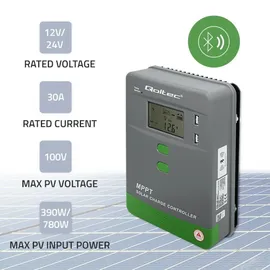 Qoltec 53662 Solarladeregler mit Temperatursensor 30A |12V / 24V | LCD 2x USB Bluetooth, App, GEL LiFePO4