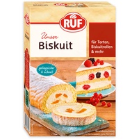 RUF Biskuit Teig, Backmischung für einen saftigen Biskuitteig, gelingsicher und schnell zubereitet, zur Herstellung von Biskuitrollen, Biskuitkuchen oder Tortenboden, 1 x 250g