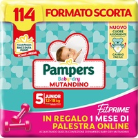 Pampers Baby Dry Höschen & Fit Prime Junior, Größe 114 Windeln, Größe 5 (12-18 kg), 1 Monat Online-Fitnessstudio gratis