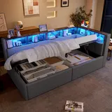 BTM Tagesbett mit Hydraulische Stauraum, LED, USB + Typ-C Schlafsofa Daybett (ohne Matratze), Leinen Stauraumbett 90x200, Grau