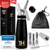 Thiru Sahnespender 500ml inkl. 3 Edelstahl Tüllen - Sahnesyphon mit E-Book – Schwarz - 3 GRATIS Kapseln