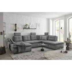 Wohnlandschaft ED EXCITING DESIGN "Alija U-Form", grau, B:334cm H:107cm T:217cm, 100% Polyester, Sofas, frei im Raum stellbar, Schlaffunktion, Kopfstützen, Armteilverstellung