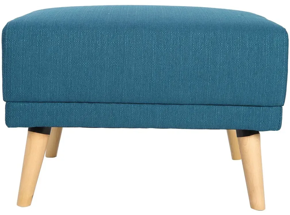 Pouf repose-pieds scandinave en tissu bleu canard et bois clair ULLA