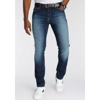 DELMAO Stretch-Jeans »"Reed"«, gerader Beinschnitt, Used-Look-Waschung, niedrige Leibhöhe, blau