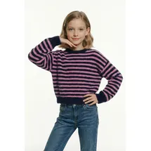 KIDS ONLY Rundhalspullover "KOGNEWPIUMO L/S PULLOVER CP KNT NOOS", Kinder, Gr. 110/116, blau (night sky stripes:mauve orchid), Strick, Obermaterial: 70% Nylon, 30% Polyacryl, gestreift, regular fit normal, Rundhals, Bündchen, Pullover Rundhalspullover, Kunstfaser