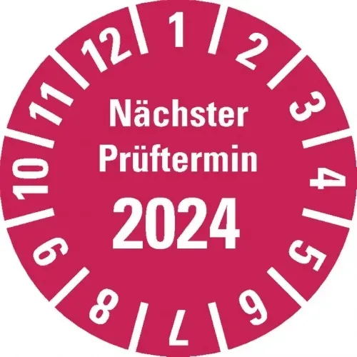 Dreifke® Prüfplakette Nächster Prüftermin 2024, rot, Polyesterfolie, Spez., Ø20mm, 36 Stk.