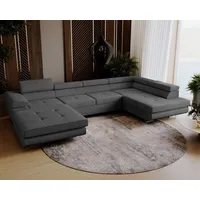 emporius furniture Ecksofa Sorlo U - Sofa 345 cm, Schlaffunktion, verstellbare Kopfstützen, Bettkasten - Eckcouch U-Form - Ottomane rechts freistehend- Samtstoff (Gr... - Grau