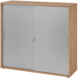 bümö Schiebetürenschrank 3OH - Aktenschrank abschließbar, Sideboard Schrank mit Schiebetüren in Nussbaum/Silber, Bügelgriff - Büroschrank aus Holz