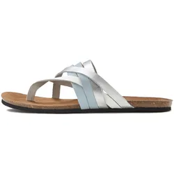 Zehentrenner LASCANA, Damen, Gr. 39, blau, Obermaterial: 100% Rindsleder. Decksohle: 100% Rindsleder. Laufsohle: 100% Synthetik, metallic, casual, Schuhe, Sandale, Pantolette aus Leder mit Korkfußbett