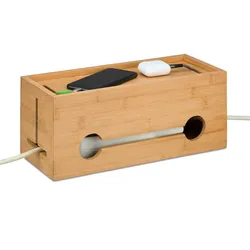 Relaxdays Kabelbox für 2 Steckdosenleisten, Bambus, HxBxT: 14 x 34,5 x 14 cm, Kabel verstecken, Steckdosenbox, natur